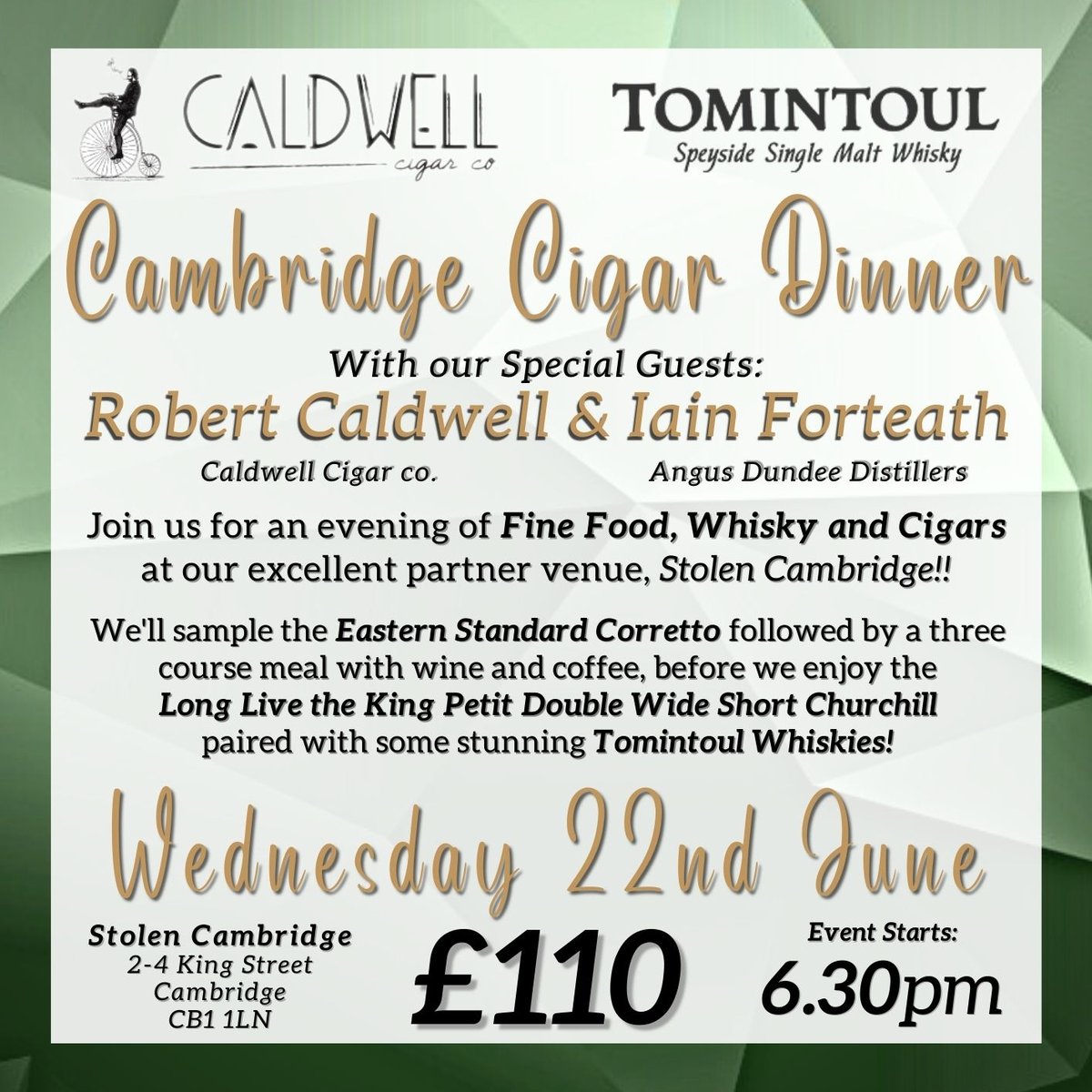 RGWhisky's tweet photo. Our upcoming Tasting Events for June:

'Discover Nicaragua' dinners, with Tobermory &amp; Deanston drams:
15th - Indigo Yard, Edinburgh 
16th - 1051 GWR, Glasgow

Caldwell cigar dinner, with Tomintoul Whiskies:
22nd - Stolen &amp; Liquor Loft, Cambridge

https://t.co/swOdvO9y6g https://t.co/Wccm7lTRzS