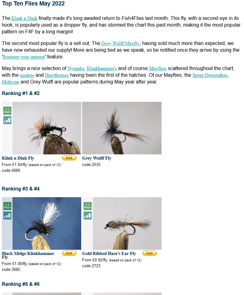 Fish4Flies's tweet image. The Fish4Flies Top 10 Chart is now in for May, with two sell-out patterns, and the revival of the Klink n Dink, used as a dropper. #flyfishing

fish4flies.com/F4F-Chart/Top-…