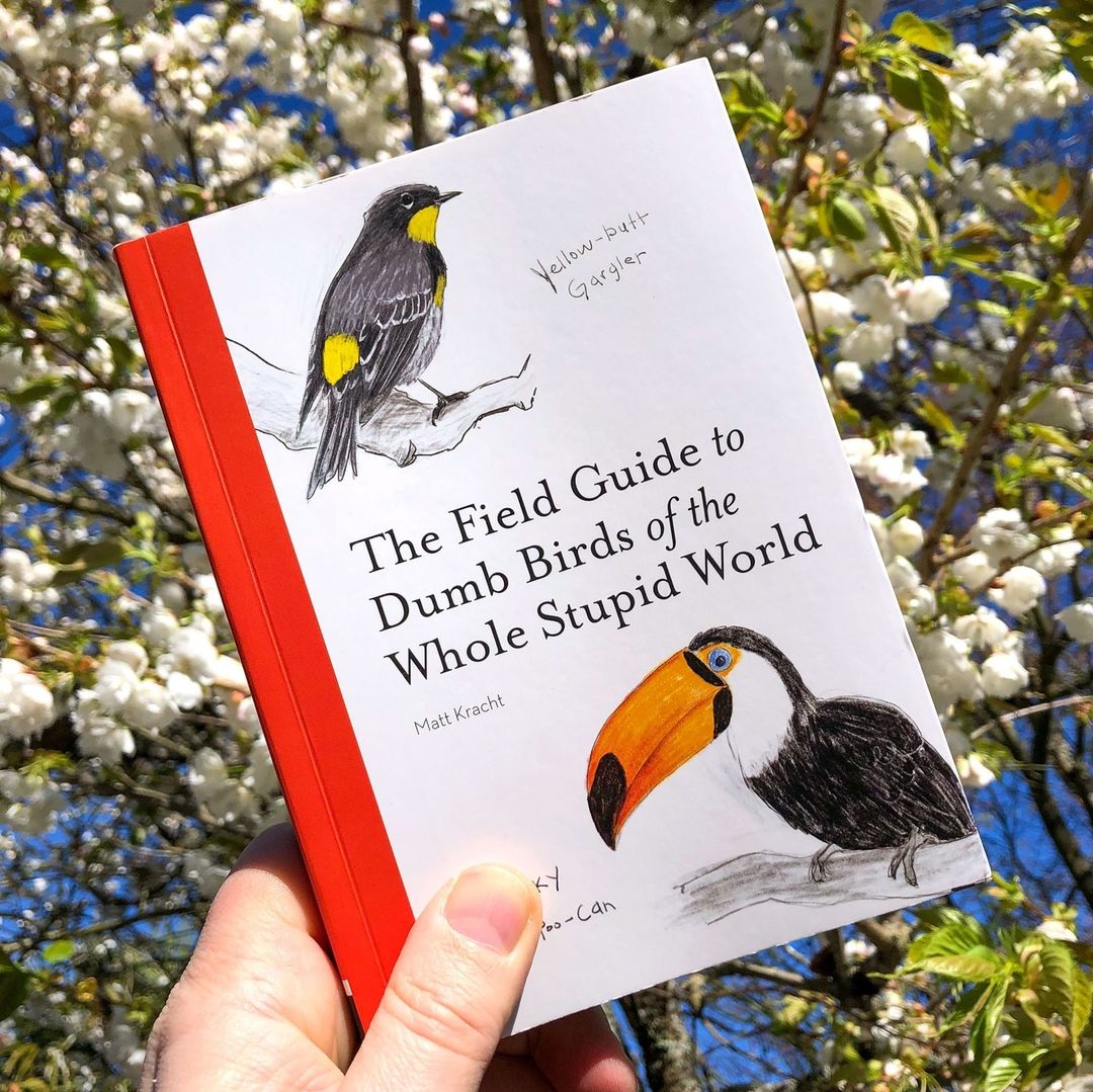 A white hand holds up a copy of The Field Guide to Dumb Birds of the Whole Stupid World in front of a tree with white and blue flowers