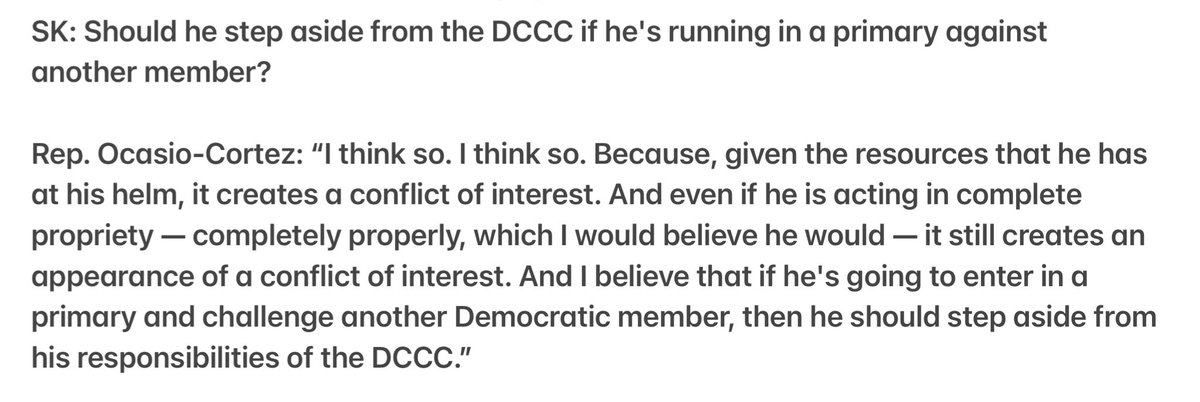 sahilkapur's tweet photo. News -> @AOC tells me @spmaloney should not be DCCC chair if he runs against a fellow Democratic lawmaker in a New York primary.

“if he's going to enter in a primary and challenge another Democratic member, then he should step aside from his responsibilities of the DCCC.” https://t.co/A7mnPT44SZ