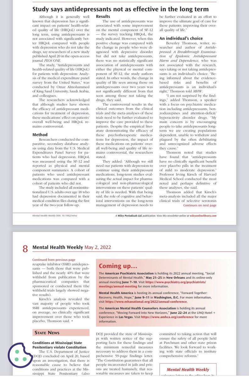 Antidepressed1's tweet image. “My concern is by encouraging people to take antidepressants long term we are creating populations dependent, unable to withdraw &amp;amp; plagued by debilitating &amp;amp; often unrecognised adverse effects” My contribution to @MHWeekly article
