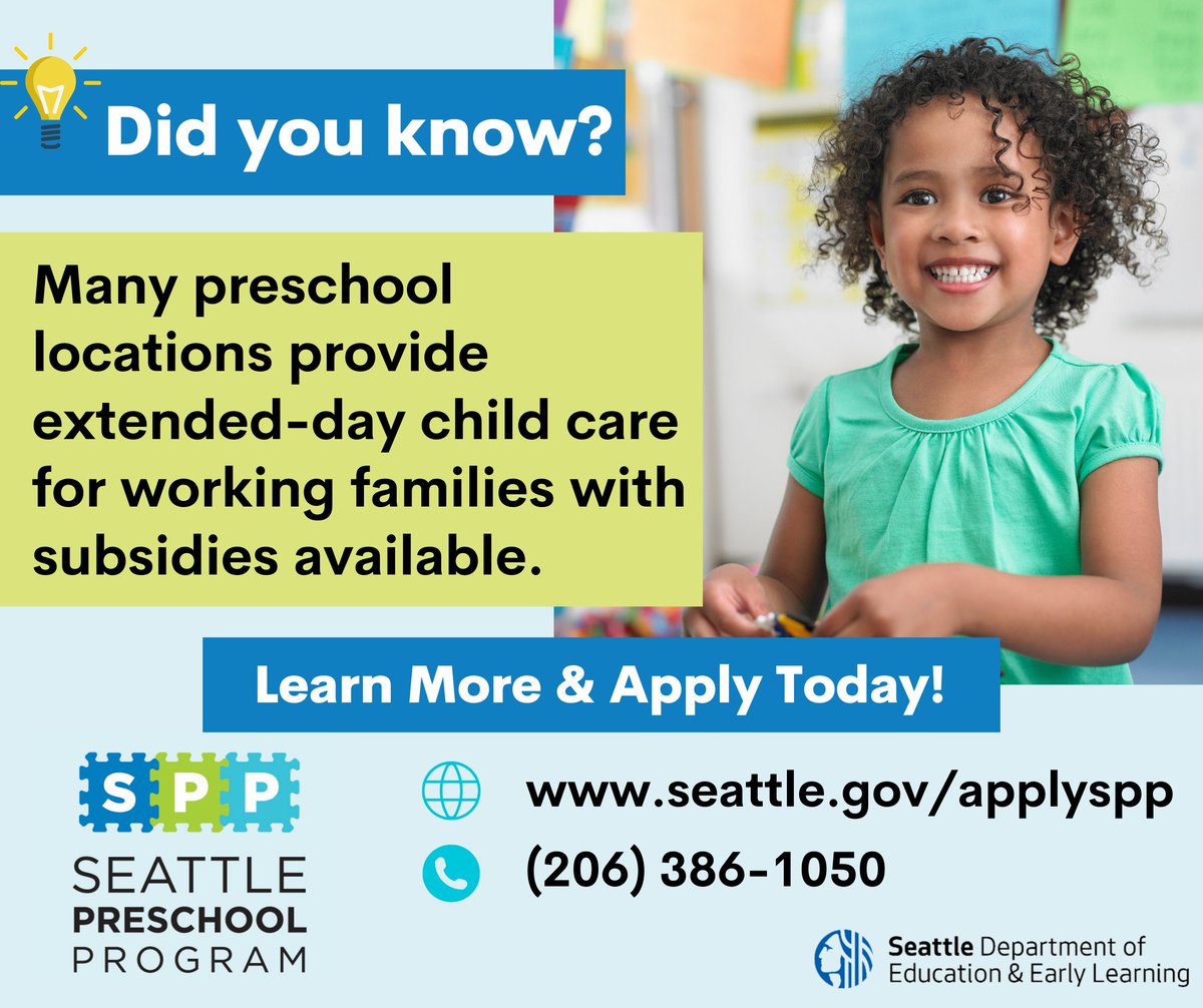 SeattleDEEL's tweet photo. Is your child #kindergartenready? DEEL's #SeattlePreschoolProgram (SPP) can help! SPP providers offer nationally recognized programming, including dual-language programs at some sites. Learn more and #applySPP today at https://t.co/UJLNZItiVN https://t.co/Yk71kCl1Fr