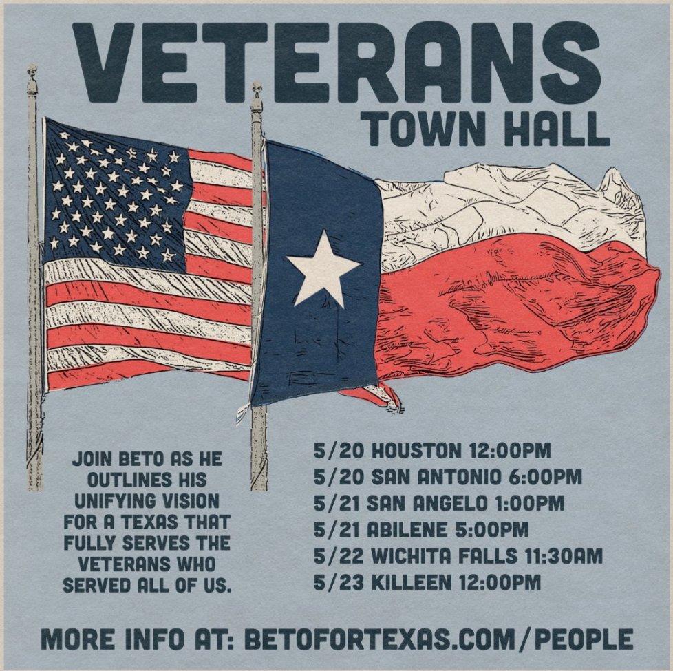 Brendajurgens3's tweet photo. TEXAS!

Show up this week for the Veteran Townhall events Beto is putting on in your area!

If you need help w RSVP to any location, comment!

If you can volunteer to help at the event, comment also &amp; I will help you get signed up!

PLEASE post on Vet SM accounts

#BetoForTexas https://t.co/7BDblPB1Ed