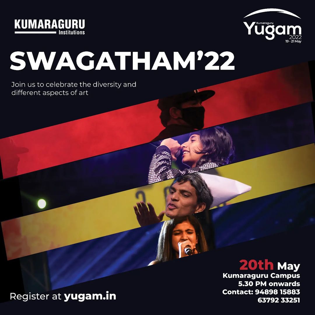 Kumaraguru extends a warm welcome to all of you to Swagatham 2022.

An evening of dance, music, and talents presented in an exotic setting.

Join us on May 20th for an incredible evening.

Register: yugam.in

#yugam22 #reincarnte #swagatham #kumaraguruinstitutions