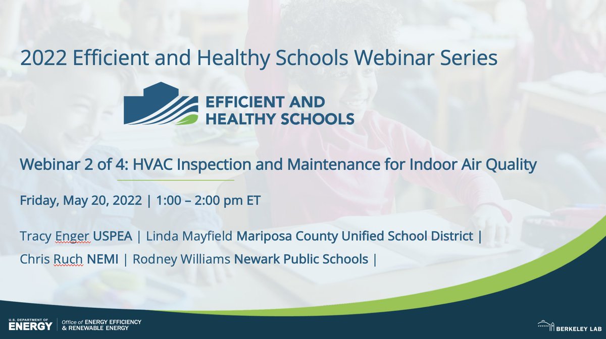 There's still time to register for our webinar tomorrow on HVAC inspection and maintenance for indoor air quality.         efficienthealthyschools.lbl.gov/ehsc-webinars
Registration Link: lbnl.zoom.us/webinar/regist…
