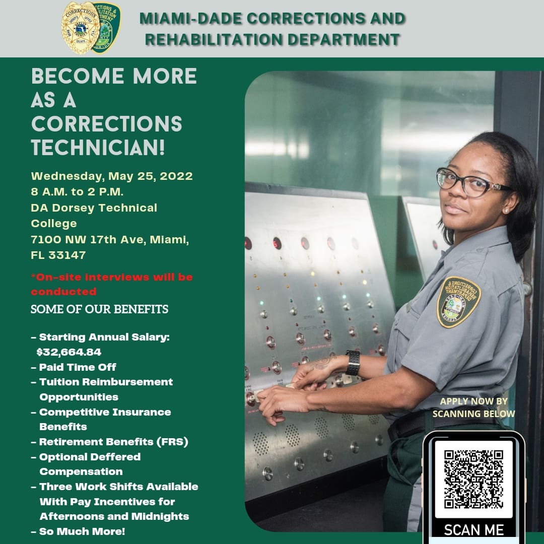 Become more! Join our #MDCRFamily as a Corrections Technician and explore a rewarding career today! Apply online or scan the QR code to learn more about this incredible position. Be sure to join us on May 25th for on-site interviews at DA Dorsey Technical College!