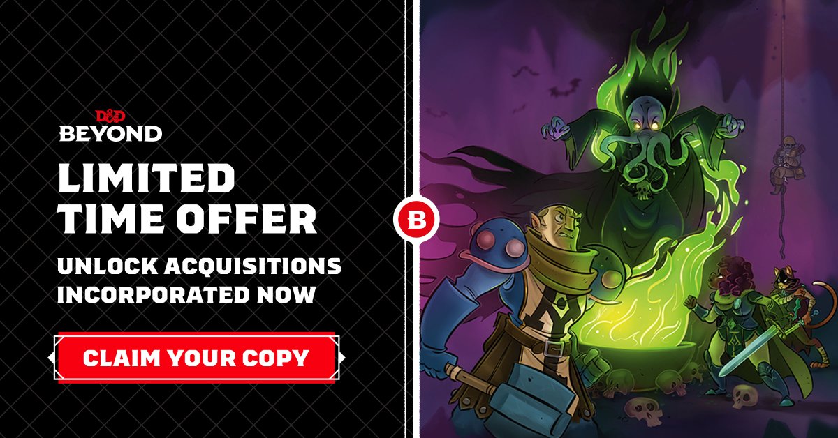 DnDBeyond's tweet photo. We are officially part of the Wizards of the Coast family! To celebrate we are offering the Acquisitions Incorporated campaign book at no cost with your D&amp;D Beyond account! This claim ends on May 25, so grab it while you can.

⚔️ Start a Franchise Today: https://t.co/nfe5GR7qYL https://t.co/KZUyKnceIf
