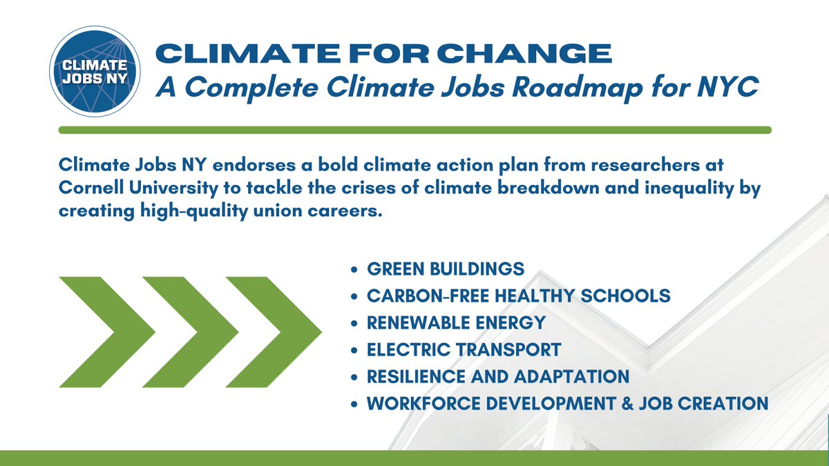 A new report, #ClimateForChangeNYC, from researchers at @WorkerInstitute shows how NYC can tackle the climate crisis and create over 1 million union jobs! 🔗Read about why @ClimateJobsNY endorsed this crucial report: climatejobsny.org/cornell-report…