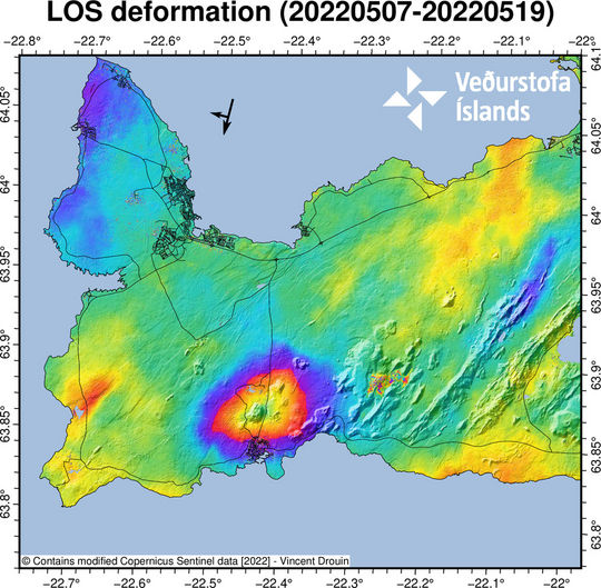 Latest InSAR processing shows uplift of 2.5 cm during the last 12 days centered at Mt. Thorbjorn. 
Fig.: Vincent Drouin
<a href="/Vedurstofan/">Veðurstofa Íslands / Icelandic Met Office</a> 
#volcanomonitoring