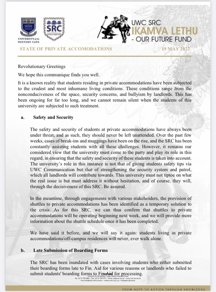 UWCSRC's tweet image. 🚨🚨 STATE OF PRIVATE ACCOMMODATION 

The statement clarifies the state of private accommodations it’s safety and security, the late submission of boarding forms.

Please do follow the following link for all other SRC statements in a pdf format. Link: tinyurl.com/uwcsrcstatement