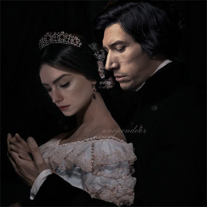 regency reylo manip. Both Ben and Rey are looking at their hands, Rey's is lain atop Ben's. Ben is standing behind Rey, glancing over her white and pink ruffled shoulder. Rey is adorn in a delicate crown atop her head, maybe she's someone of royalty, maybe this is a forbidden touch between two lovers. 