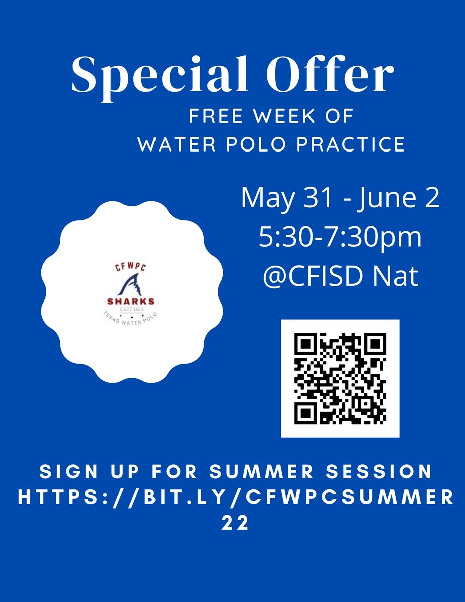 GREAT OPPORTUNITY! - Free WEEK of Water Polo practices hosted by <a href="/cfwpcsharks/">Cypress Fairbanks Water Polo Club</a> 
May 31st - June 2nd
Get Signed up!

Next year marks the 1st UIL season of Water Polo in Texas!! Put yourself in a position of success!
<a href="/CFISDAthletics/">CFISDAthletics</a> <a href="/CFISDAquatics/">CFISD Aquatics</a> <a href="/CyFallsAth/">Cy Falls Athletics</a> <a href="/cyfallshs/">Cypress Falls HS</a>