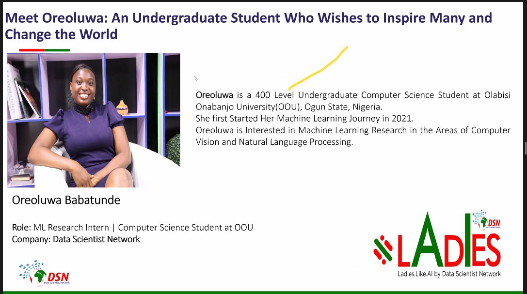 dsn_ai_network's tweet image. It is time to build the skills you need for the future. Make this ASUU strike count. 
@babatundeOreo1 is live as she will be inspiring female data enthusiasts on how to build an end-to-end data science project.

Watch live on YouTube &amp;gt; youtu.be/eHF2W53w7so. 
#dsn  #LadiesInAI