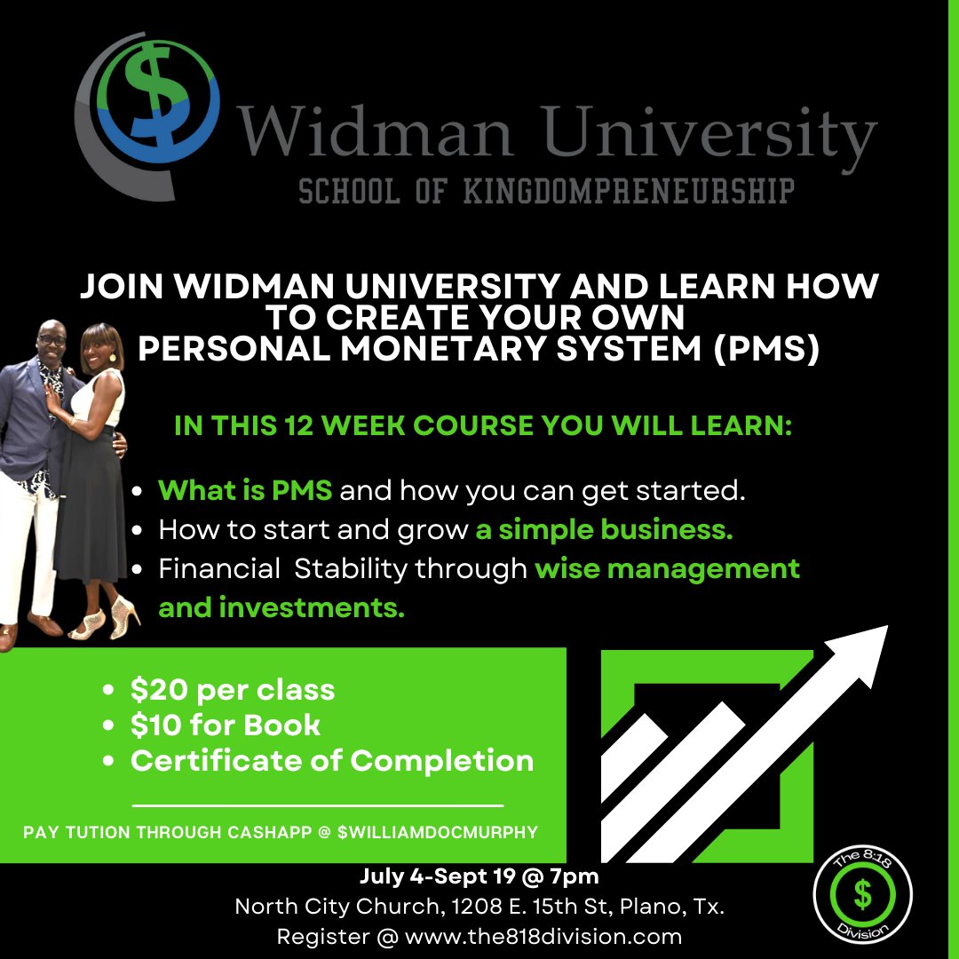 widmanuniv1's tweet photo. Get ready for The Widman University School of Kingdompreneurship. Classes start July 4th at 7pm. Learn how to create your own Personal Monetary System and secure your future! Go to https://t.co/mbXU3eYhS0 to register. #widmanuniversity #widmanwisdom #personalmonetarysystem #PMS https://t.co/PDVQiyZg8O