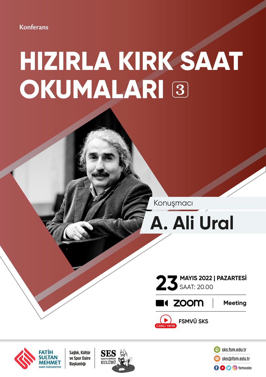 SseKulubu's tweet photo. Kulübümüzün düzenlediği "Hızırla Kırk Saat Okumaları"nın üçüncü bölümüne davetlisiniz.

KONUŞMACI: 
A. Ali Ural (@aliural_ural)

📅 23 Mayıs 2022 | Pazartesi 
⏰ 20.00 https://t.co/frPIA6I9kW