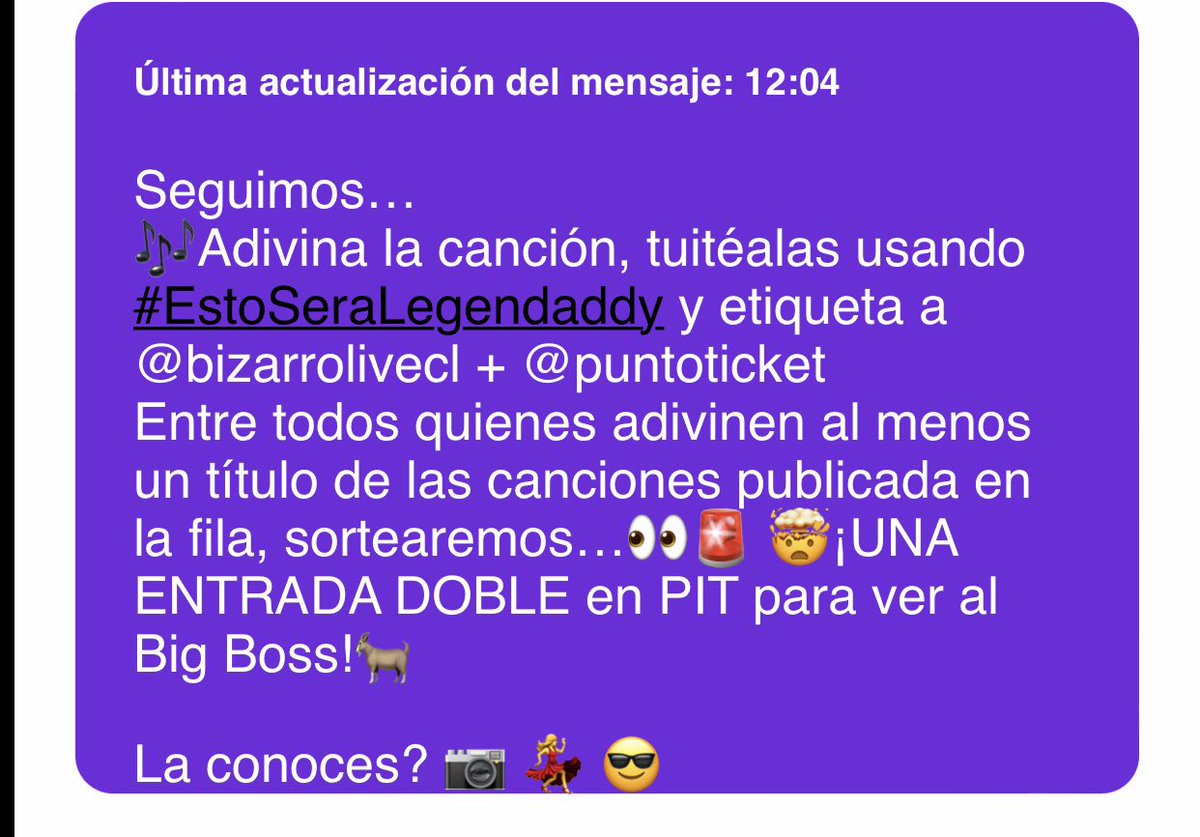 CvtaPaz's tweet photo. @puntoticket @bizarrolivecl Pasarela🎶 modelo 1💃🏻🎶🎶#EstoSeraLegendaddy @bizarrolivecl @puntoticket  el big boss🍀🍀🍀🍀🍀🍀 que suerte este de nuestro lado 💖💖💖 https://t.co/Q9YL7FMBSf