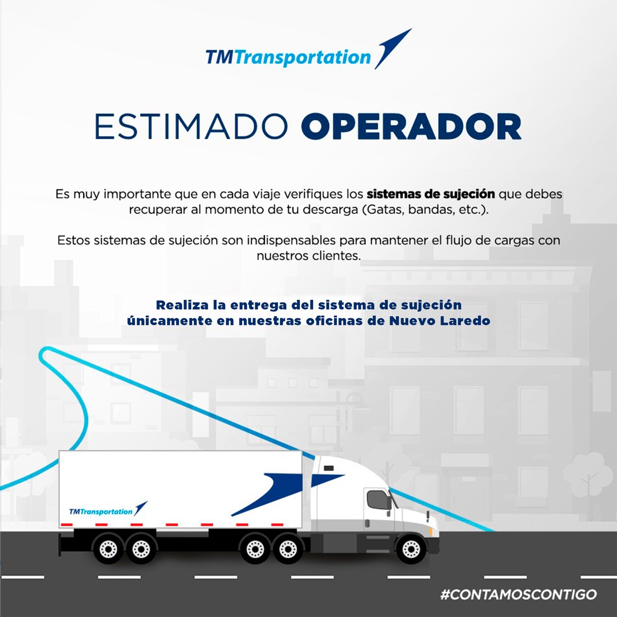tmt_services's tweet photo. Amigo operador 👷🏻‍♂️, no olvides que los sistemas de sujeción son importantes para mantener seguras las cargas que transportamos📦 🛣.

#DoItSafeDoItNow #tmtransportation #GrupoTM https://t.co/PjyOqbO0rW