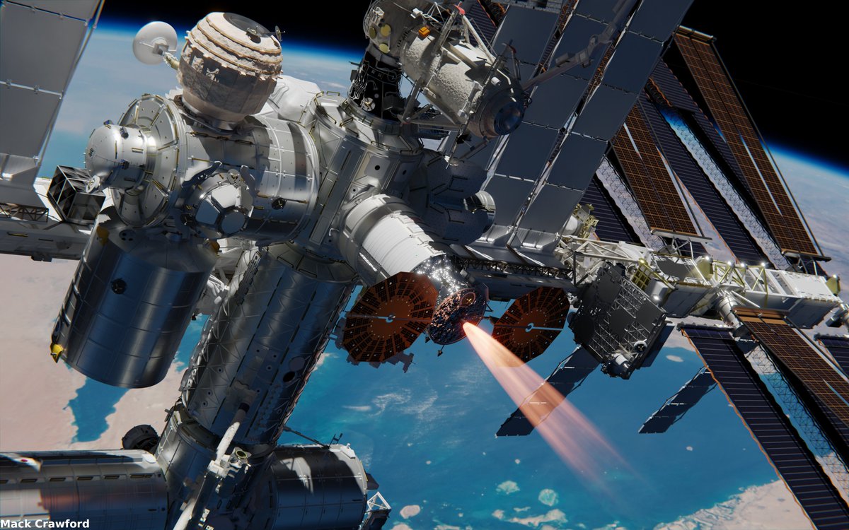 brickmack's tweet photo. An @northropgrumman Cygnus spacecraft reboosting the International Space Station, from its berth at Unity Nadir https://t.co/hNHljl5uRX