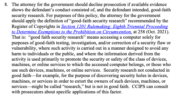 This is a potentially huge and important shift. More specific examples of how the updated policy should affect CFAA prosecutions are at justice.gov/opa/press-rele… Here's one: