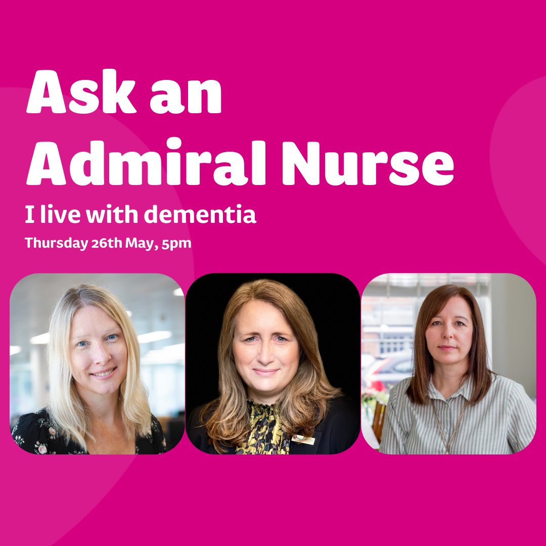 DementiaUK's tweet photo. Our next #TwitterSpace takes place next Thursday, 5pm! Consultant Admiral Nurse @viclyons will be speaking to Marketing Lead @clairemsandham &amp; @JoannaMalin2, who cares for her mum, about our new campaign #ILiveWithDementia. Set a reminder or listen live 👉 https://t.co/hTZcOgKwnE https://t.co/FBNN5jk6wV