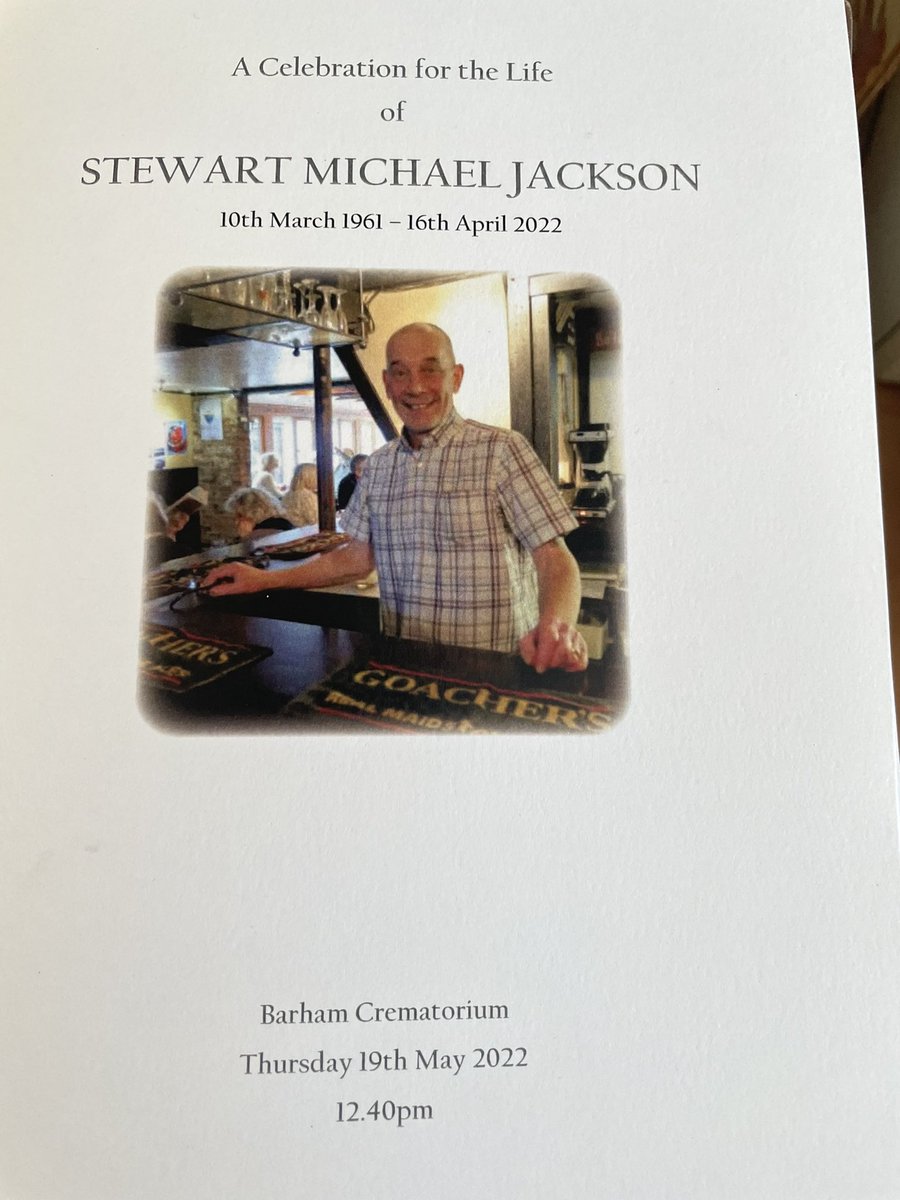 jennyHollingsbe's tweet photo. Celebrating the life of #StewJackson landlord #RoseandCrown #StellingMinnis at #Barham - a moving service with family tributes - many condolences to the family https://t.co/rz8Geotpd4