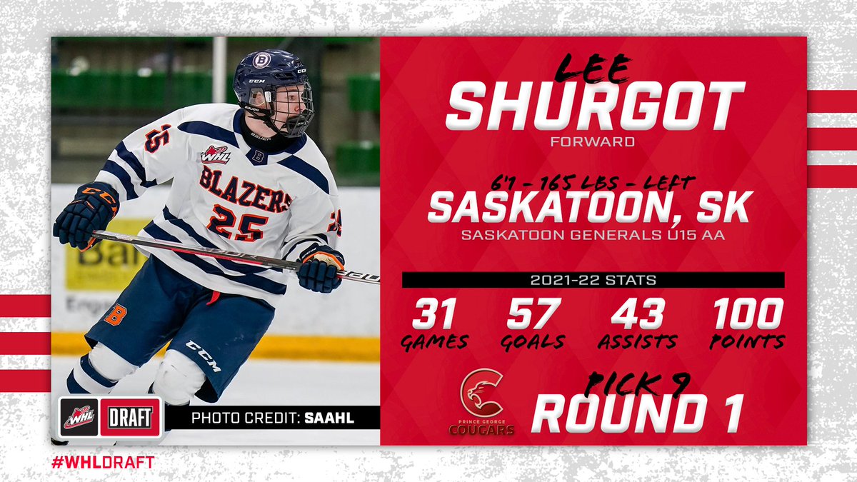 TheWHL's tweet photo. With the ninth-overall pick in the 2022 #WHLDraft, the @PGCougars select forward Lee Shurgot of the Saskatoon Generals U15 AA. https://t.co/5Z0crg0lTb