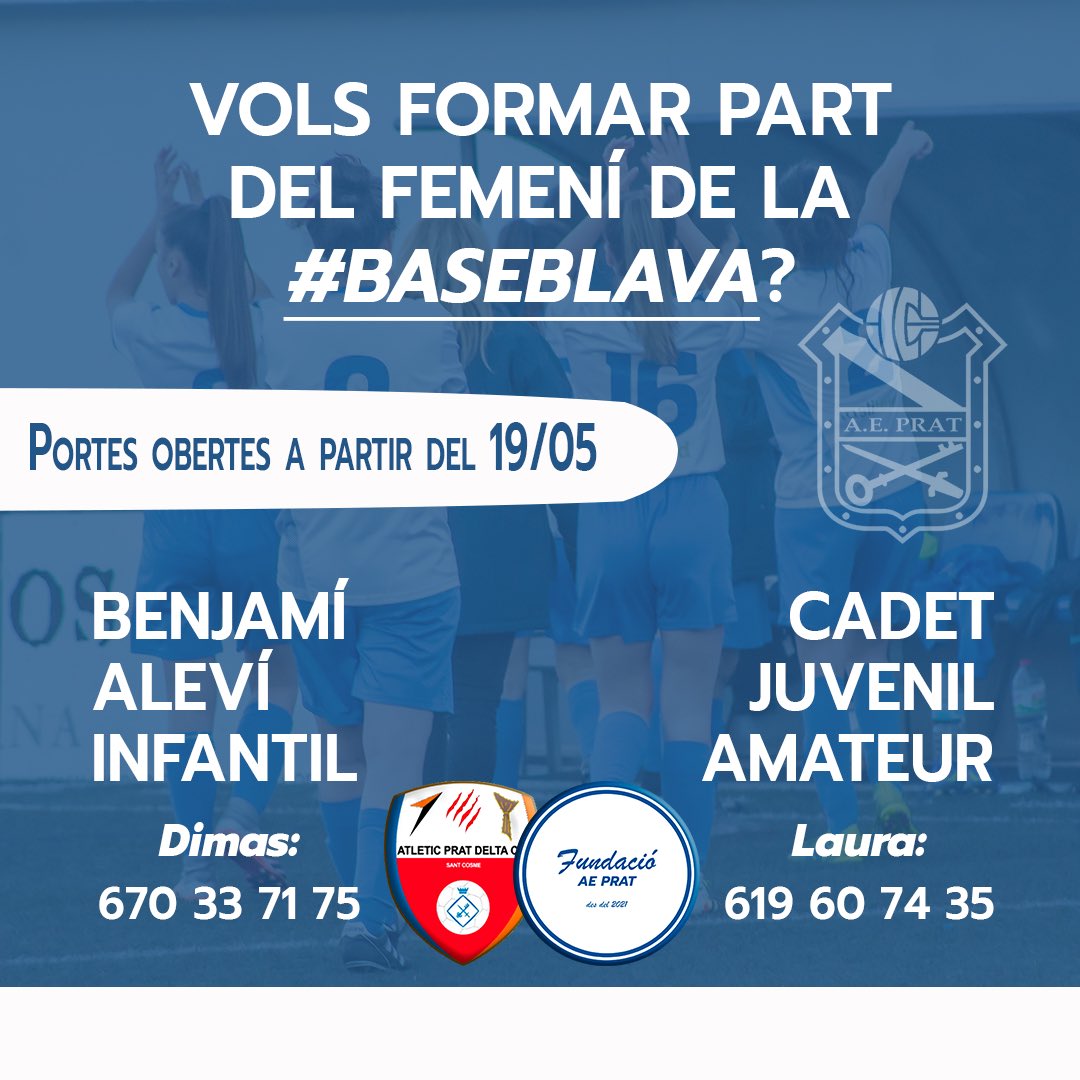 ＢＵＳＱＵＥＭ ＪＵＧＡＤＯＲＥＳ 🔍

👉 La @fundacioaeprat i @AtletiPratDelta obren les portes a totes les noies 🙋‍♀️ que vulguin ser jugadores del #femeniblau

Si t'agrada el futbol no dubtis en fitxar per la #baseblava ⚽️

#futbolsenselimits
#futbolpertothom