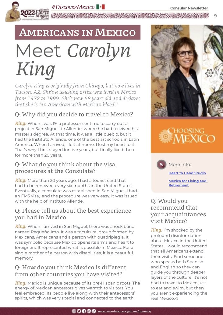 ConsulMexPho's tweet photo. Considering traveling to or, even better, moving to ๐ฒ๐ฝ?
Carolyn King shares her experience and love for Mexico after living there for more than 20 years ๐๐คโค๏ธ.
Read her story in our #ConsularNewsletter โคต๏ธ
#AmericansInMexico
๐๏ธ: https://t.co/ZbO0lZZdg7 https://t.co/NAqza1OAUC