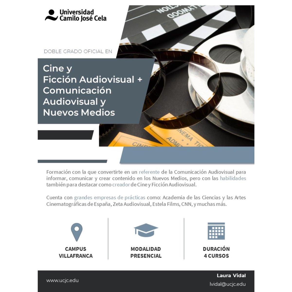 Estudia el Grado en #ComunicaciónAudiovisual y #NuevosMedios junto al Grado en #Cine y #FicciónAudiovisual gracias al nuevo doble grado oficial que ofrece la <a href="/universidadcjc/">UCJC</a> ¡No te lo puedes perder! 🤔🤔 <a href="/UCJCine/">UCJC Cine</a> 

Más info 👉🏻 <a href="/UcjcLaura/">LauraVidalUCJC</a>