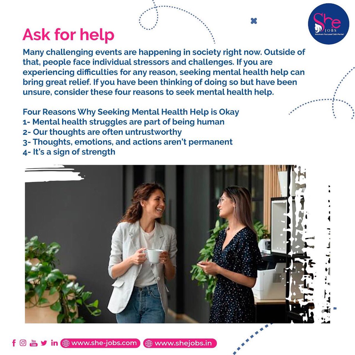 SheJobs's tweet image. “𝗪𝗼𝗿𝗸𝗶𝗻𝗴 𝘄𝗼𝗺𝗲𝗻 𝗺𝗲𝗻𝘁𝗮𝗹 𝗵𝗲𝗮𝗹𝘁𝗵 𝘁𝗼𝗼𝗹 𝗸𝗶𝘁” will empower women to measurably improve their mental health. Visit our site 🌐- shejobs.in
she-jobs.com

#mentalhealthmatters #WomenSupportingWomen #SheForHer #skills #skilledjobs #jobs