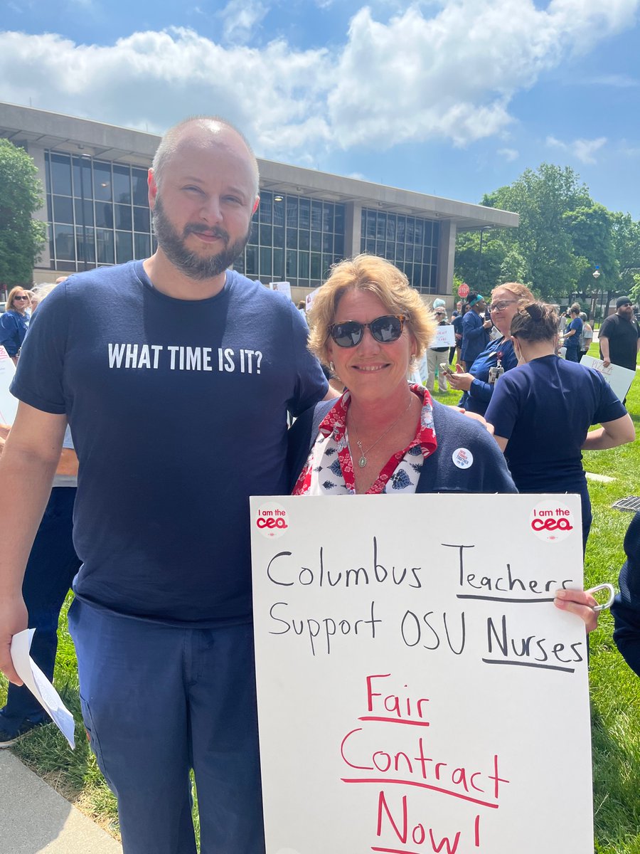 With CEA members at work, we were represented at today’s <a href="/OhioStateRN/">OSUNO (Ohio State Nurses Organization)</a> informational picket by CEA Staff Consultant Cindy Love, pictured with OSUNO President Rick Lucas. Nurses deserve a fair contract! #SaferStrongerTogether