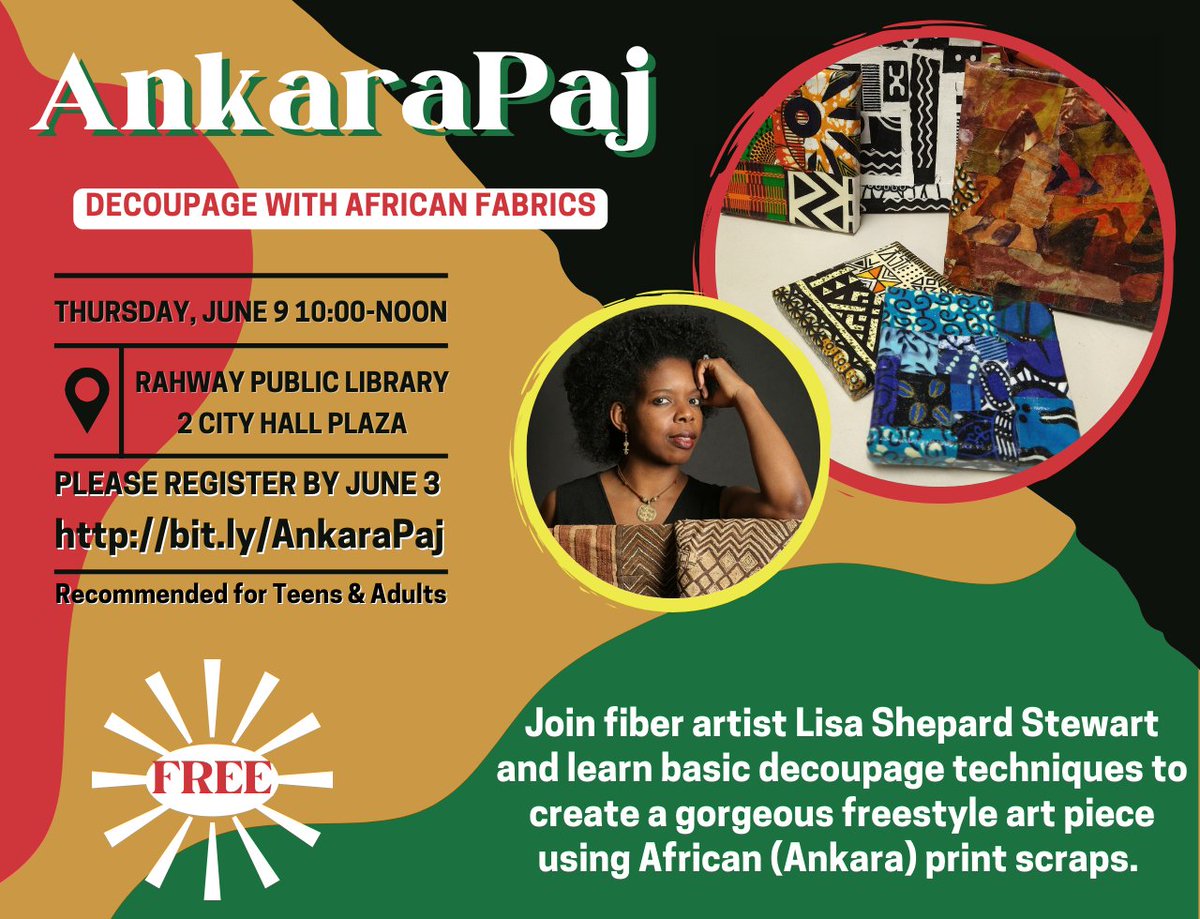 AnkaraPaj: Decoupage with Africa Fabrics
Join fiber artist Lisa Shepard Stewart and learn basic decoupage techniques to create a gorgeous freestyle art piece using African (Ankara) print scraps. Please register by June 3 bit.ly/AnkaraPaj.