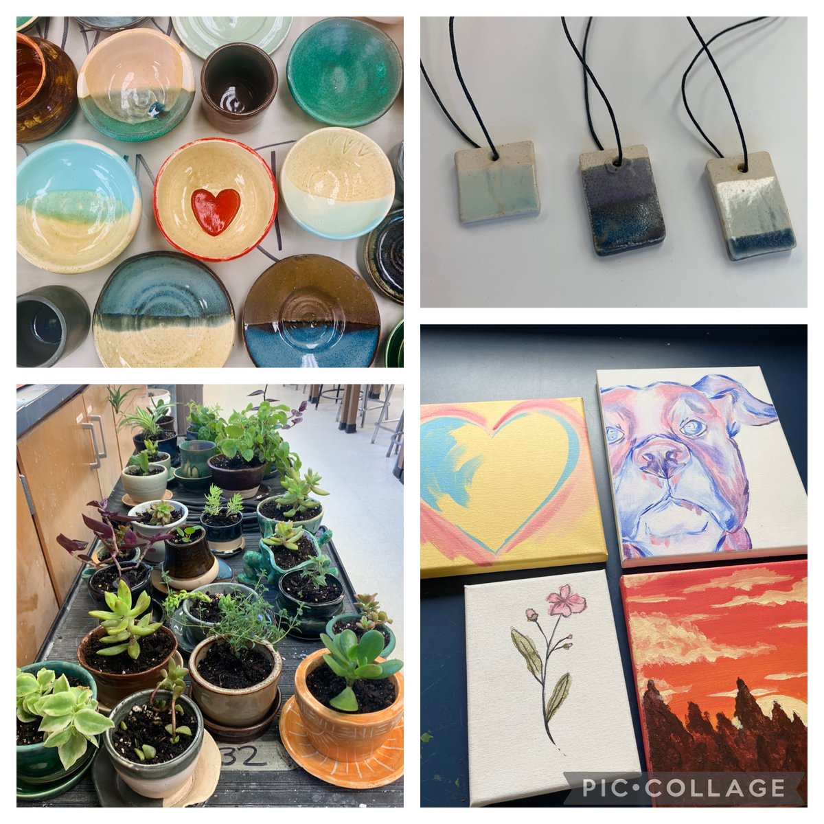 LSPioneers's tweet photo. Potted plants, pottery, paintings and jewelry are ready for the Arts for Humanity sale and silent auction this Friday night from 6-8pm at the @lshspioneers PAC auditorium. All sales go directly to UNICEF! https://t.co/r7SgUej3Yc https://t.co/L4QIEbWJLF