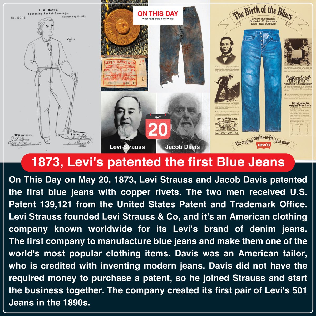 OnThisDayInWor1's tweet photo. #OnThisDay 1873, Levi's patented the first Blue Jeans
@LEVIS @LevisStadium @Levis_UK
#May20 #historytoday #in1873 #149yearsago #onthisdayinhistory #patent #bluejeans #firstbluejeans #levis #levistrauss #jacobdavis #founderoflevistrauss #unitedstates #501Day #149thbirthday https://t.co/9Plps5Llq7