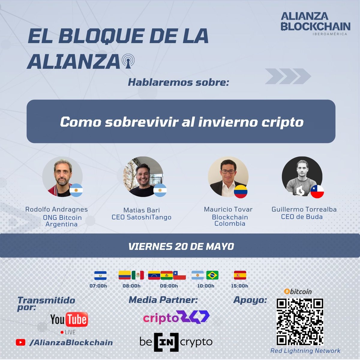 Alianza Blockchain (@alianzablock) on Twitter photo 📢Te invitamos mañana a un nuevo programa del 🎙Bloque de la Alianza Blockchain
👉 sobre: Cómo sobrevivir al invierno cripto
🗓Viernes 20
Con la participación de🗣:
<a href="/matiasbari/">Matías Bari</a>
<a href="/Guilletorrealba/">Guillermo Torrealba</a>
<a href="/RodolfoBits/">Rodolfo Andragnes</a>
<a href="/maurotov/">Mauricio Tovar 🌴🍹</a>
🔴vivo en: youtu.be/aV24eICPWf4 📢Te invitamos mañana a un nuevo programa del 🎙Bloque de la Alianza Blockchain
👉 sobre: Cómo sobrevivir al invierno cripto
🗓Viernes 20
Con la participación de🗣:
<a href="/matiasbari/">Matías Bari</a>
<a href="/Guilletorrealba/">Guillermo Torrealba</a>
<a href="/RodolfoBits/">Rodolfo Andragnes</a>
<a href="/maurotov/">Mauricio Tovar 🌴🍹</a>
🔴vivo en: youtu.be/aV24eICPWf4