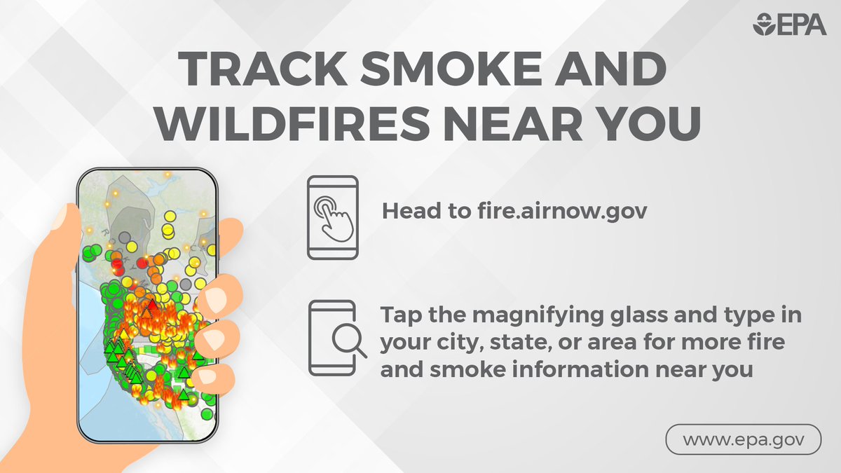 A graphic of a hand holding a phone and using the AirNow app. The text says "Track smoke and wildfires near you. Head to fire.airnow.gov. Tap the magnifying glass and type in your city, state, or area for more fire and smoke information near you." 