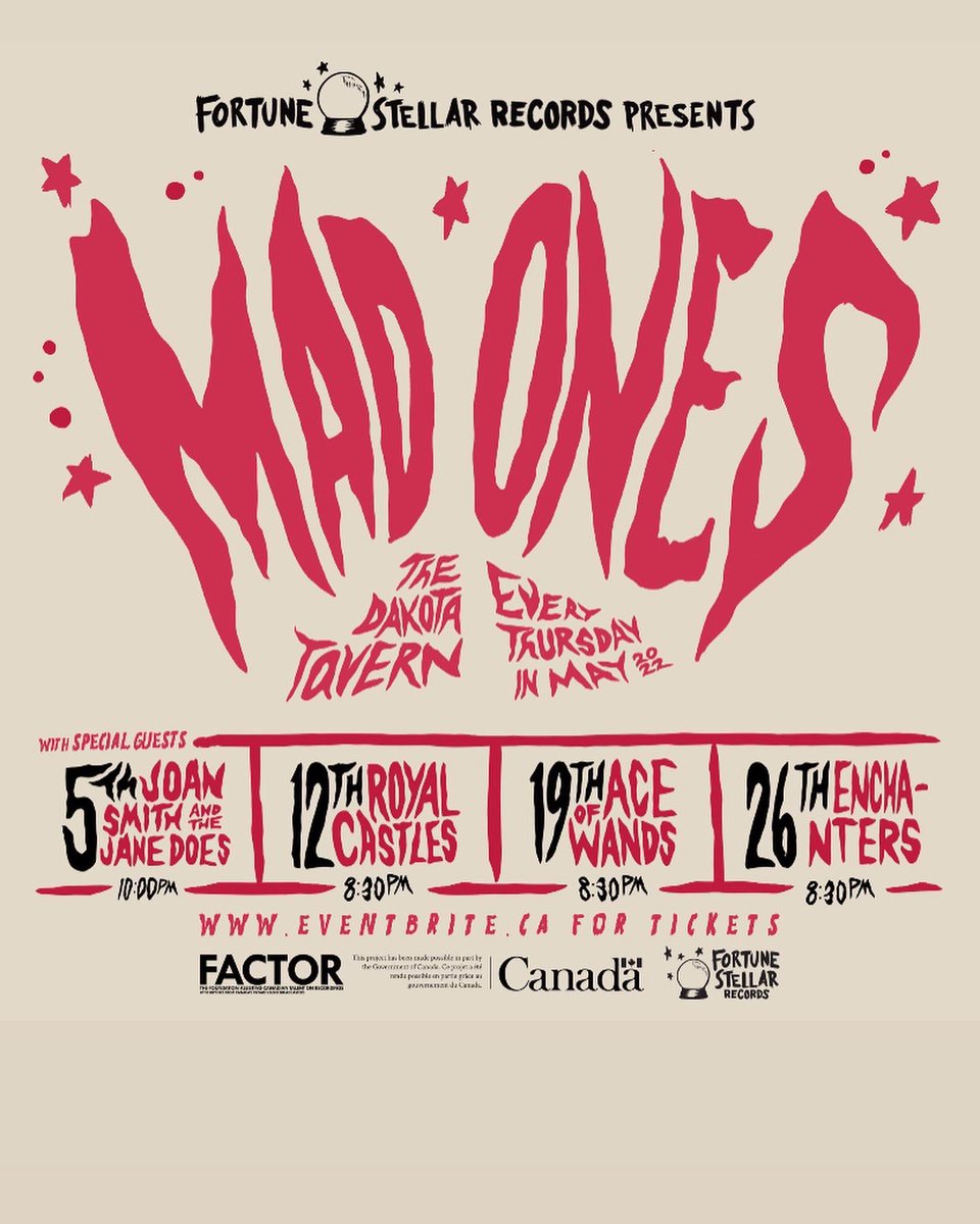 <a href="/thedakotatavern/">The Dakota Tavern</a> tonight 3rd week of <a href="/MadOnesBand/">MAD ONES</a> May residency with very special guests <a href="/aceofwandsband/">Ace of Wands</a> <a href="/fortunestellarr/">Fortune Stellar</a> presents Drs 830pm $10 #rockshow #fun #livemusic #Toronto #nightout #besties poster by #Gregmaxwell ❤️💐🔮⭐️⚡️