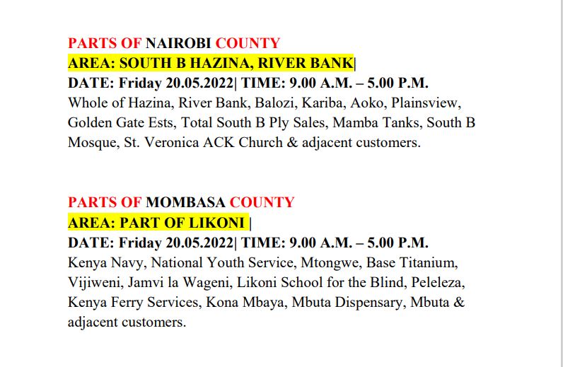 KenyaPower_Care's tweet photo. Good Evening, the following areas are on scheduled maintenance tomorrow, Friday 20.05.2022 ^CM https://t.co/lLdJkozzRy
