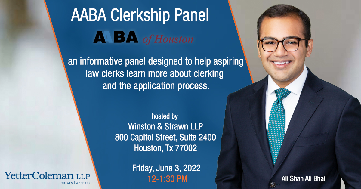 YetterColeman's tweet image. Join Ali Shan Ali Bhai as he moderates the @AABAHouston's panel for aspiring law clerks. Panelists will include Judge Yvonne Ho, Florence T. Chen, Chante Westmoreland, &amp;amp; Heaven Chee. At @WinstonLaw Houston on Friday June 3 at 12pm, Register here: lnkd.in/digWGjRc
