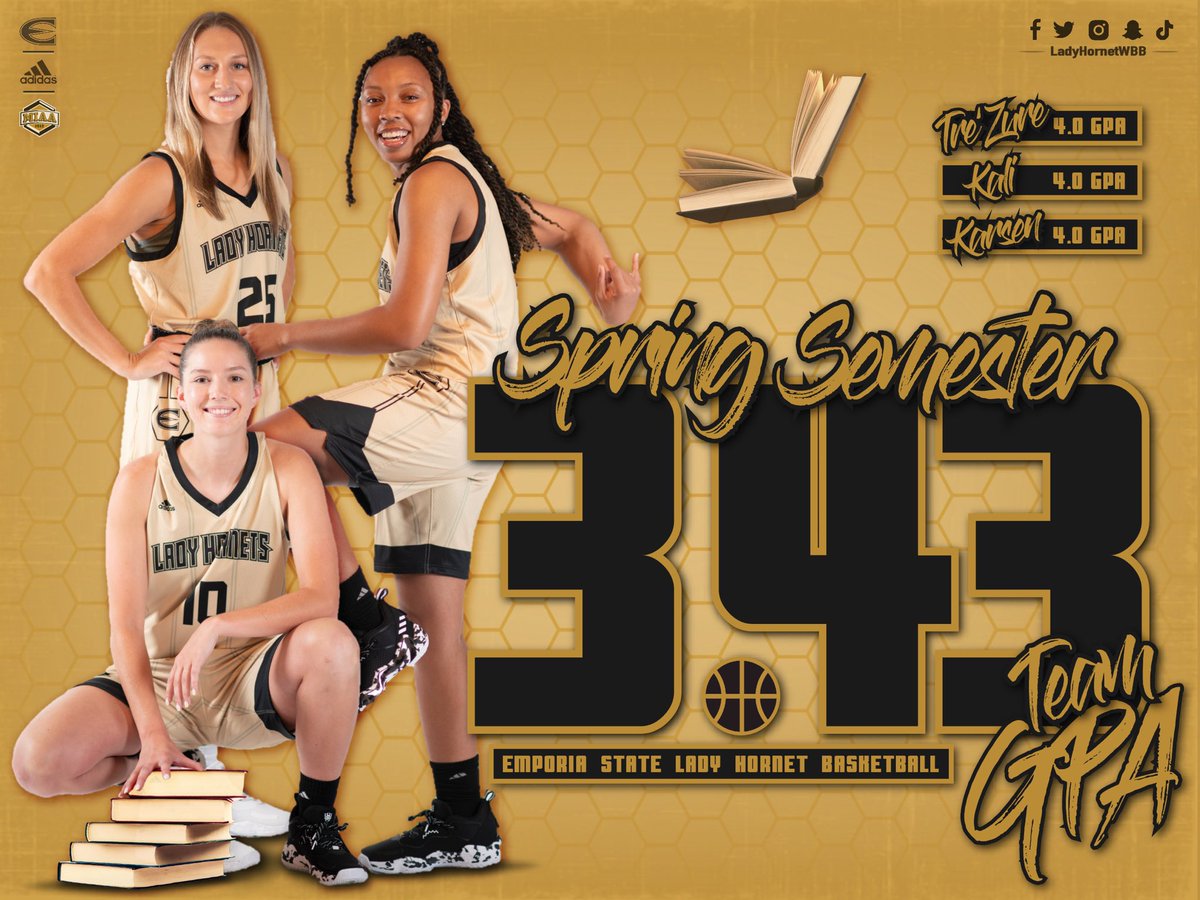ESUHornetsWBB's tweet photo. Proud of our team’s efforts in the classroom this semester - 3.43 Team GPA! We had Tre’Zure, Kali and Karsen with a 4.0 GPA and 9 players total with a 3.5 GPA or above! #StudentAthletes @ESUSports https://t.co/VI9FSj1t8R