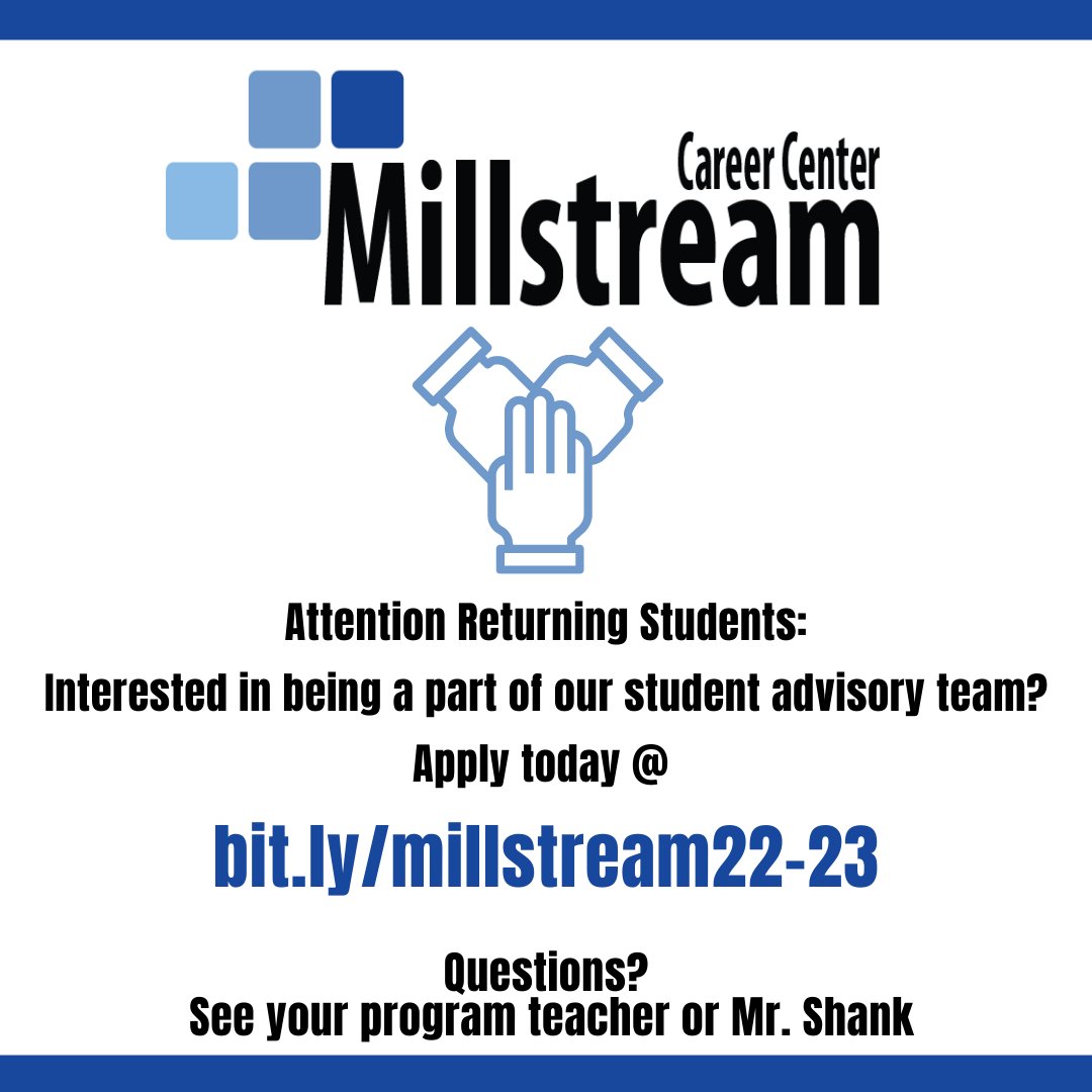 MillstreamCC's tweet image. Attention Returning Students:
Interested in being a part of our @MillstreamCC student advisory team? Apply today @ bit.ly/millstream22-23 
Questions? See your program teacher or Mr. Shank #theSTREAM #corevalue4 #cultivateprofessionalism