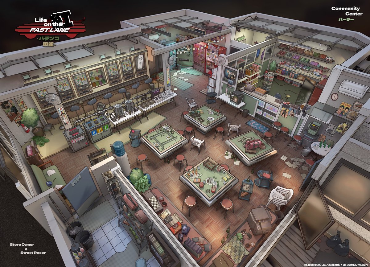 FengZhuDesign's tweet photo. Beautiful set designs by current FZD student, Richard Peng Lee. That 90s vibe and underground street racing bring back some good memories from my high school days. https://t.co/91gTJ9y6o5