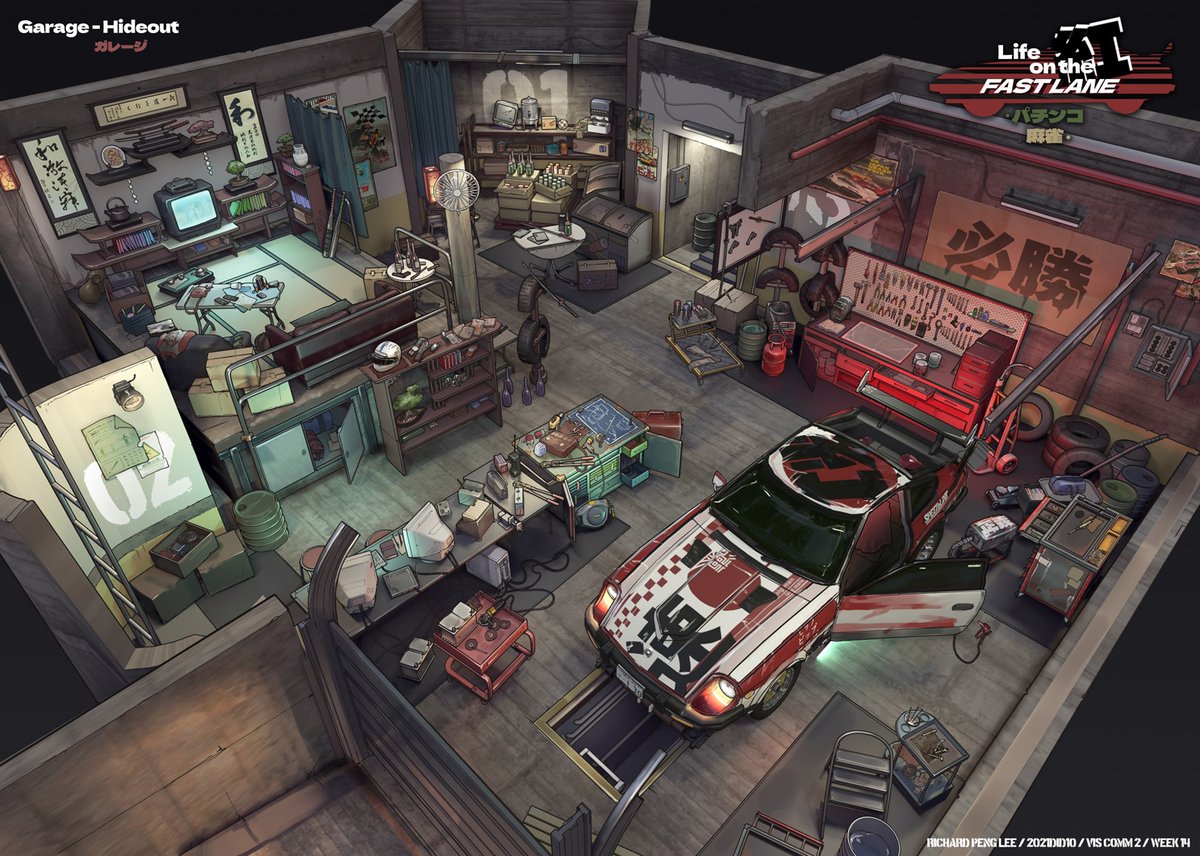 FengZhuDesign's tweet photo. Beautiful set designs by current FZD student, Richard Peng Lee. That 90s vibe and underground street racing bring back some good memories from my high school days. https://t.co/91gTJ9y6o5