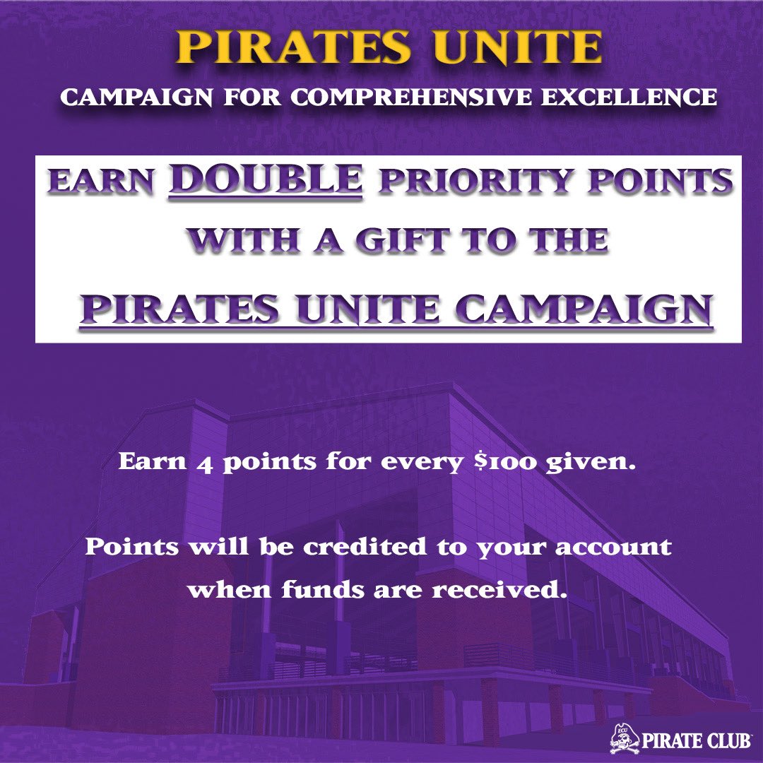 Looking for a sign that YOU should support the Pirates Unite Campaign? Look no further. Today the Pirate Club announced DOUBLE priority points for all Pirates Unite Capital Campaign gifts.
Give and support our student-athletes and the project of your choice today, link in bio.