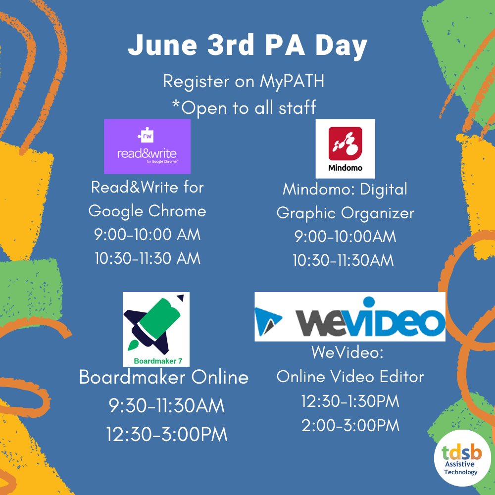 The June 3rd PA day is fast approaching. All staff are welcome to sign up on MYPATH for one of our Assistive Technology sessions offered throughout the day. @LC1_TDSB @LC2_TDSB @LC3_TDSB @LC4_TDSB