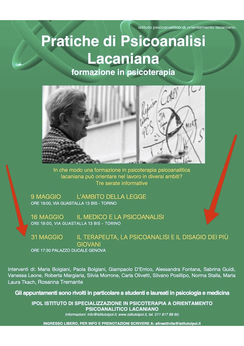 IstitutoIPOL's tweet photo. Dopo i due interessanti e partecipati incontri di Torino, 
IPOL si sposta a GENOVA! ⚓️🛳
In che modo una formazione in psicoterapia psicoanalitica lacaniana può orientare nel lavoro clinico con i giovani?
#laureatimedicina #laureatipsicologia #medici #psicologi #psicoterapeuti https://t.co/FjxodACOnA