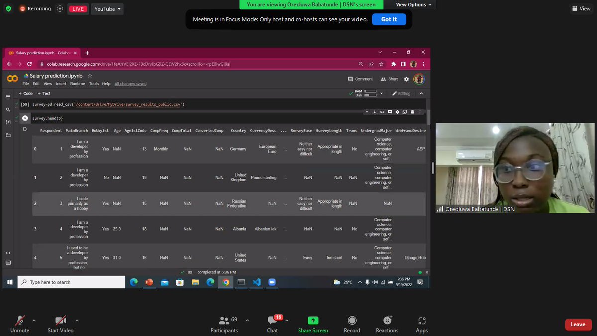 dsn_ai_network's tweet photo. Oreoluwa is building an end-to-end Machine Learning project.
She is a Year 3 undergraduate student.
Here are some screenshots.
Join us live on YouTube > https://t.co/3oj6EiQ0x6
#dsn #datasciencenigeria #ladiesinAI #datascientistsnetwork https://t.co/GSr26LNOAM
