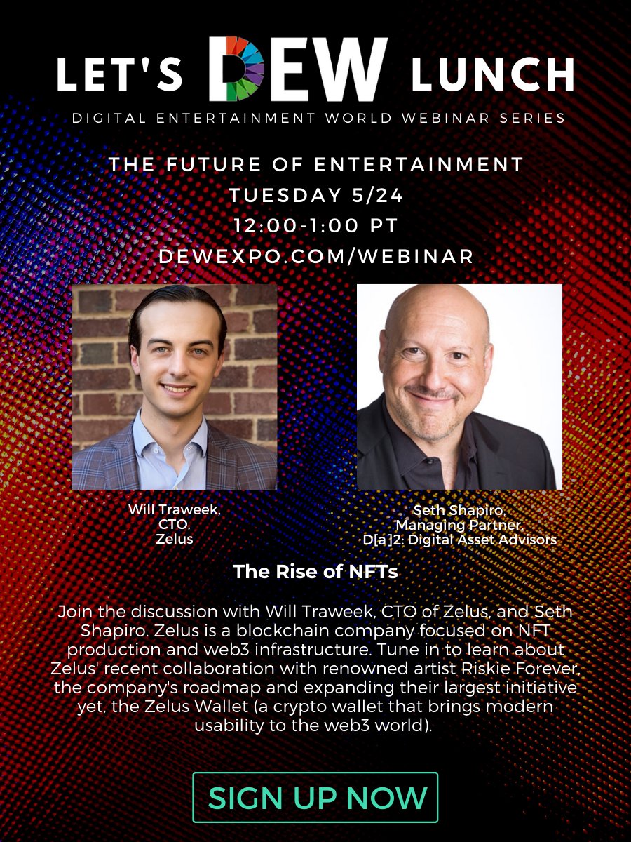 Join us next Tuesday on another installment of The Rise of NFTs series on Let's DEW Lunch! Seth Shapiro is talking with Will Traweek, CTO of Zelus. Register now: buff.ly/3Mum0yV #LetsDEWLunch #nfts #web3
