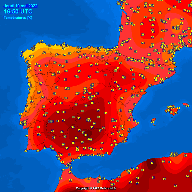 extremetemps's tweet photo. European Heat Wave:Today 19 May the heat is getting intense in Spain with 39.4C at Linares. Hottest May day on records at Jaen with 38.7C. First 30C of 2022 in Belgium and Liechtenstein. Very hot in Germany with 32.9C. https://t.co/IBpWo0PRMc