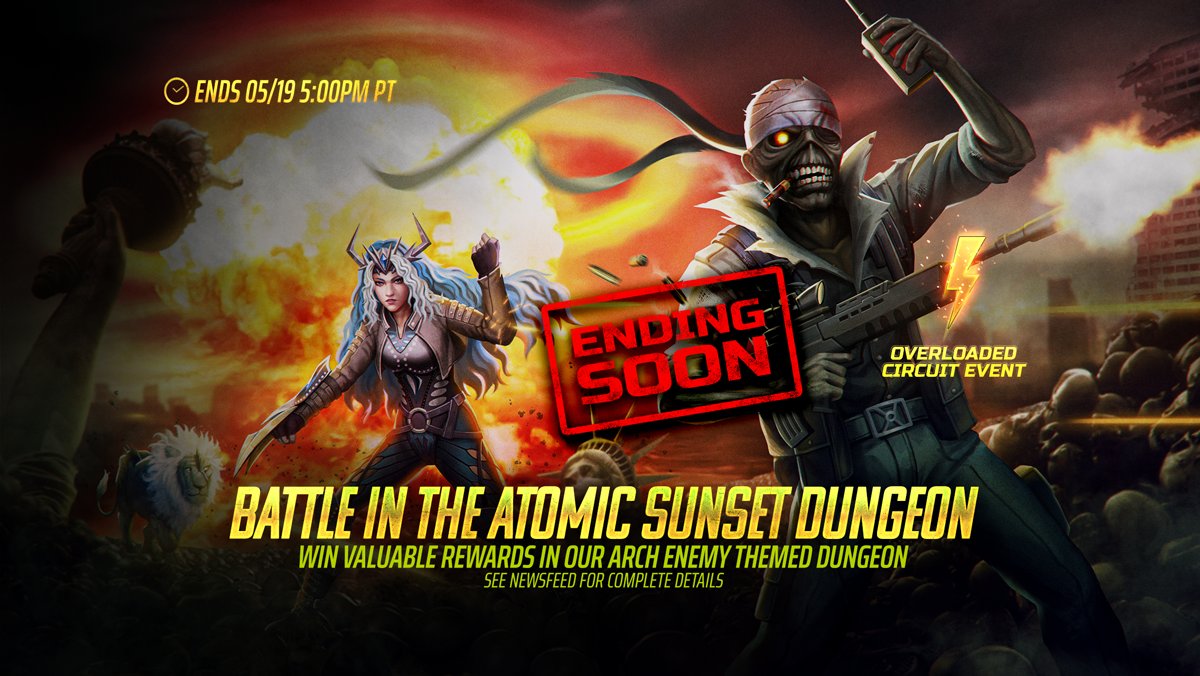 Only hours remain in the Atomic Sunset event! The dungeon may be closing soon, but you can still collect #QueenBeast from the Calendar rewards in game as part of our collaboration with #LegacyOfTheBeast! Get the game: go.onelink.me/moeS/lur2ixih #ArchEnemy #SunsetOverTheEmpire